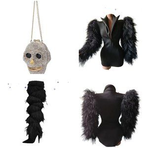 Skull head purse Clover Mesh Dress & Suede Cross-tied Ostrich Feather Knee High